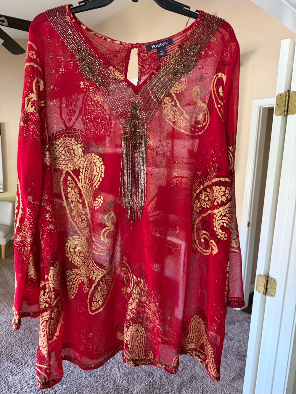 Roman’s Gold Paisley Beaded Fringe Red Tunic
